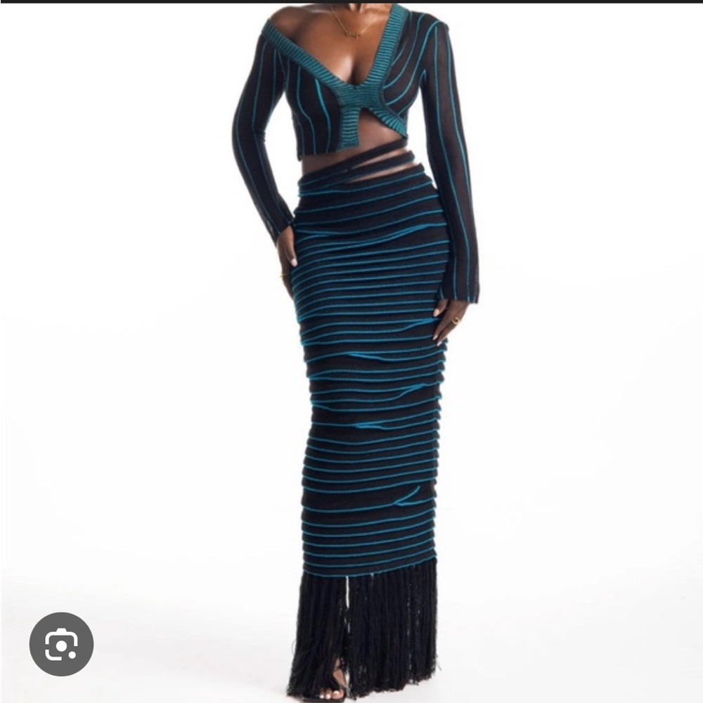 Hanifa Black and Teal Layered Pencil Skirt